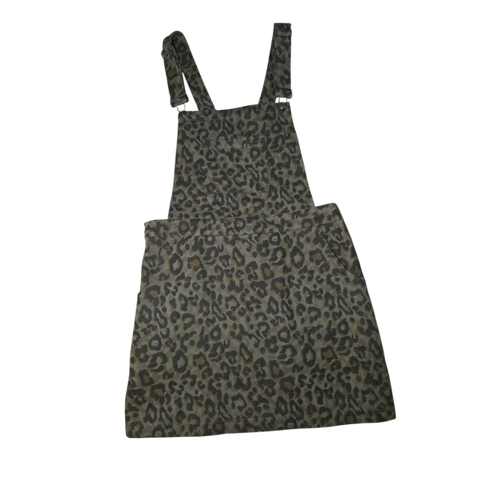 Umgee Olive Green Leopard Print Coverall Denim Dress juniors knee/mini M